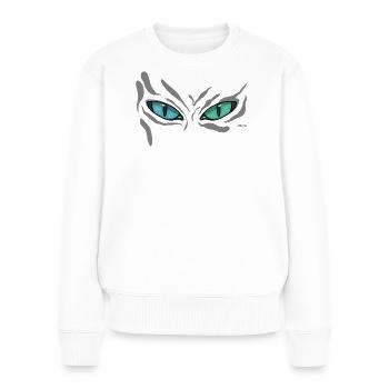 Vue sarcelles aux yeux de chat de nuit - Pull Premium bio Femme - blanc - Devant - Julia (174cm)