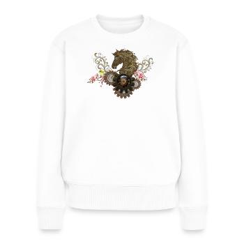 Dieses einzigartige Steampunk-Pferd mit Blumen - Frauen Premium Bio Pullover - Weiß - Vorne - Julia (174cm)