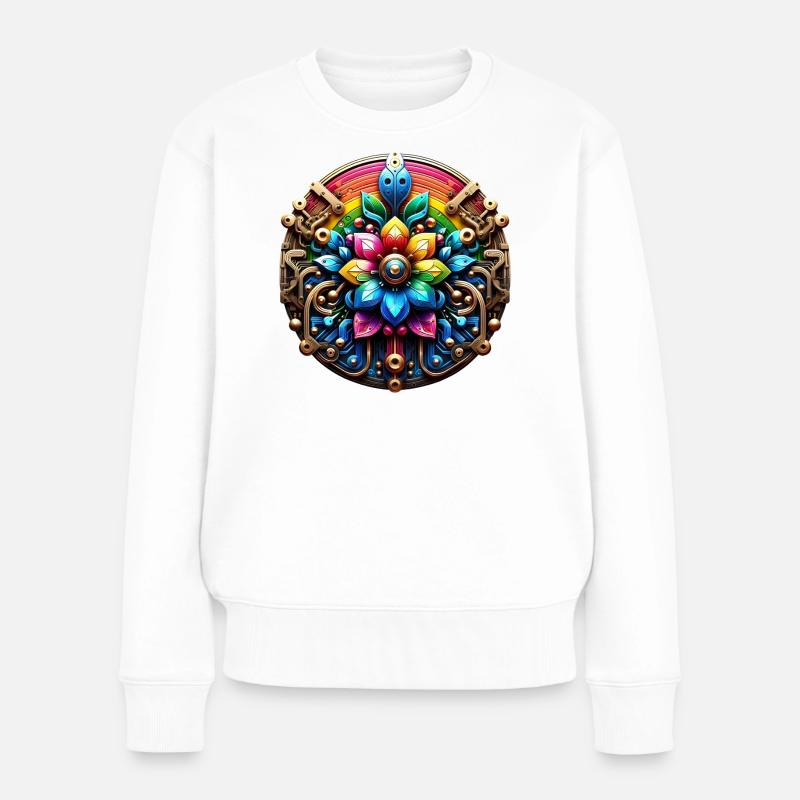 Fleur Steampunk Psychédélique Arc-en-ciel - Pull Premium bio Femme - blanc