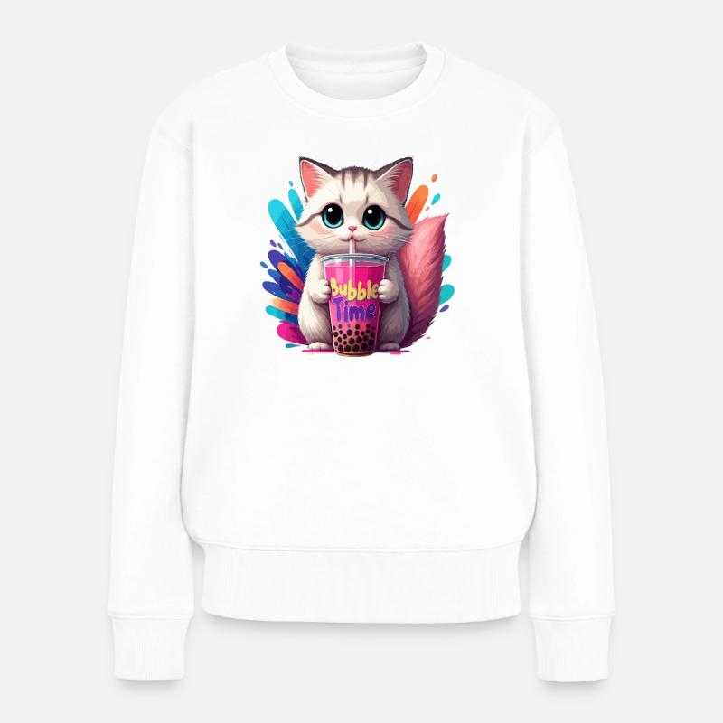 Illustration de chat avec motif de temps de bulle - Pull Premium bio Femme - blanc