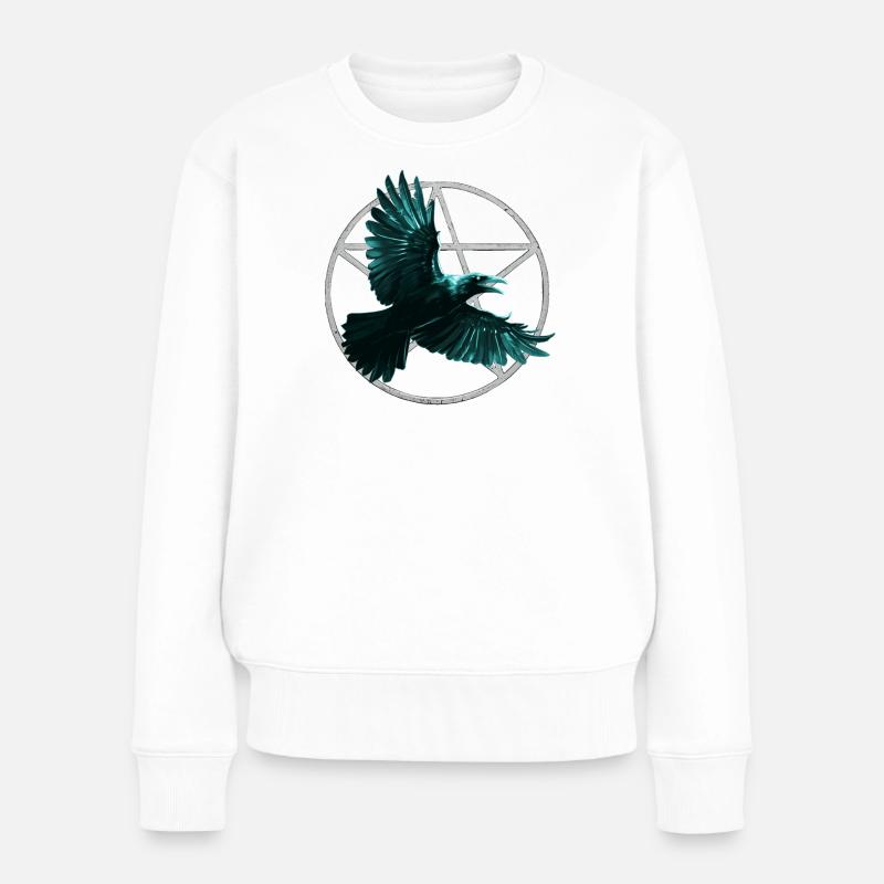 Pentagram Muster und Kolkrabe, Vögel, closing - Frauen Premium Bio Pullover - Weiß