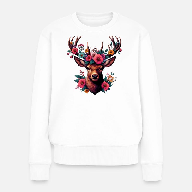 Hirsch mit Blumen - Frauen Premium Bio Pullover - Weiß