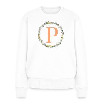 P Monogram, Couronne de fleurs, Personnalisable - Pull Premium bio Femme - blanc - Devant - Julia (174cm)