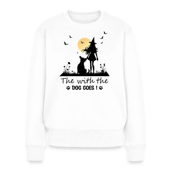 Die mit dem Hund geht ! - Frauen Premium Bio Pullover - Weiß - Vorne - Julia (174cm)