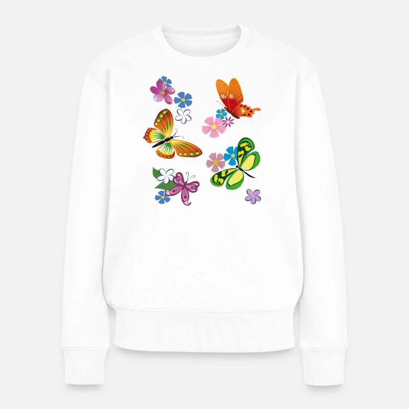Blüten, Flowers, Schmetterling - Frauen Premium Bio Pullover - Weiß
