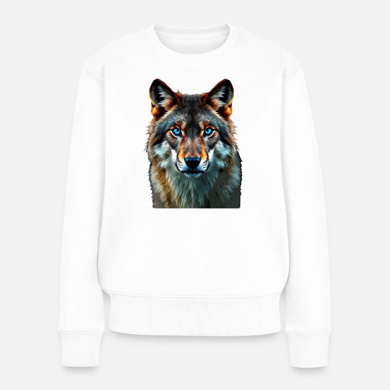 The Sapphire Gaze: Intensives Porträt eines Wolfes - Frauen Premium Bio Pullover - Weiß