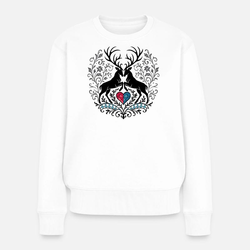 Hirsche mit Herz - Alpenstil in Schwarz & Blau - Frauen Premium Bio Pullover - Weiß