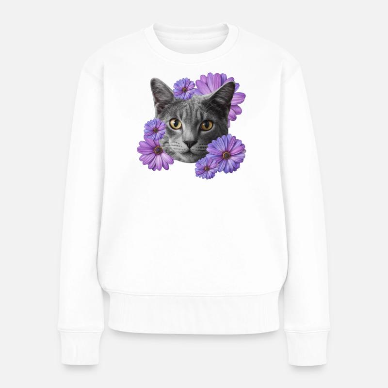 katze mit blumen - Frauen Premium Bio Pullover - Weiß