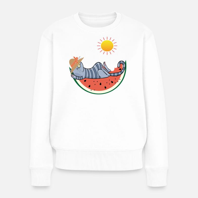 Katze mit Melone im Sonnenschein - Frauen Premium Bio Pullover - Weiß