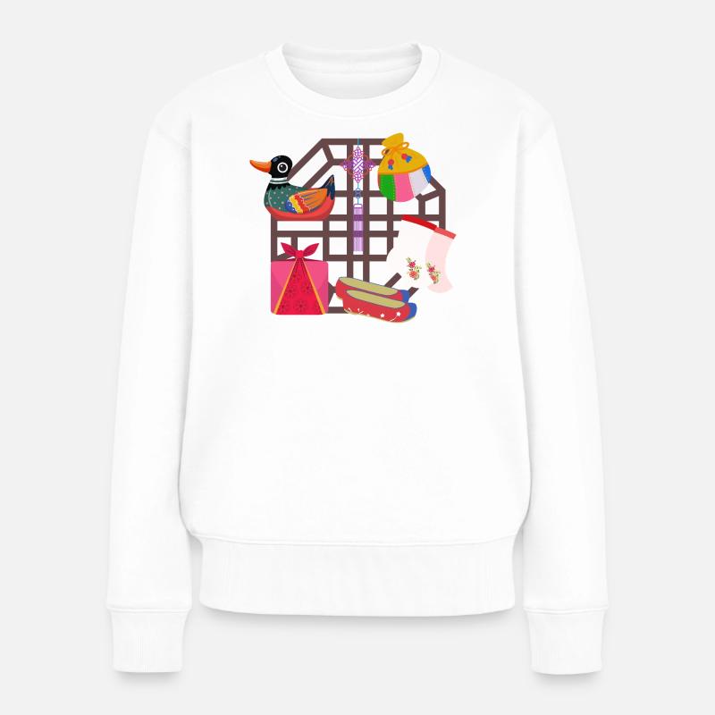 Tradition coréenne – Canard mandarin et symboles - Pull Premium bio Femme - blanc