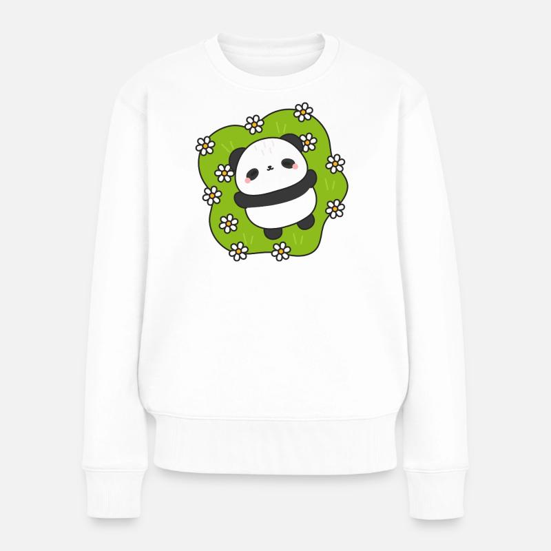 PandaGreen Geblümtes Kuscheltier - Frauen Premium Bio Pullover - Weiß