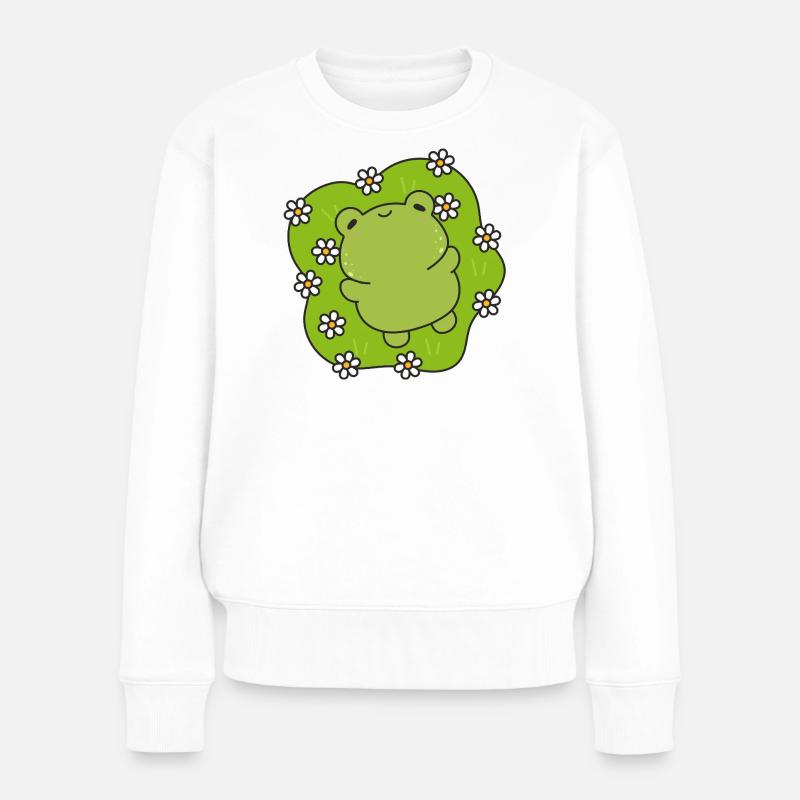 Kawaii-Frosch mit einem blumigen Herz - Frauen Premium Bio Pullover - Weiß