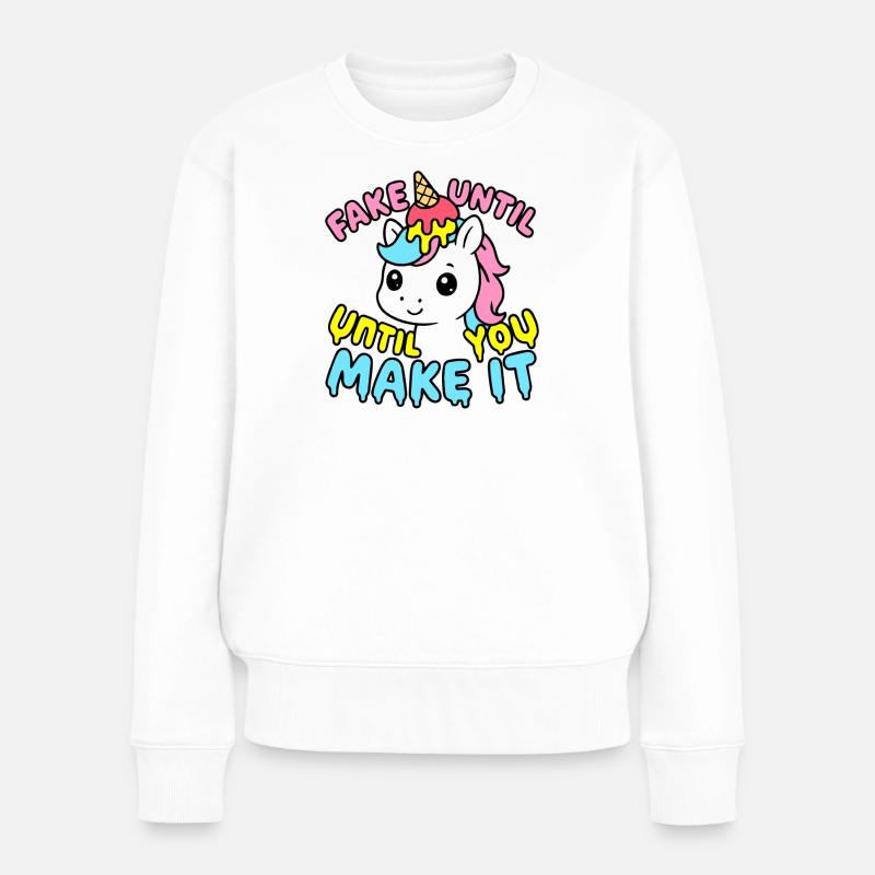 Süßes Kawaii Einhorn – Fake It Until You Make It - Frauen Premium Bio Pullover - Weiß