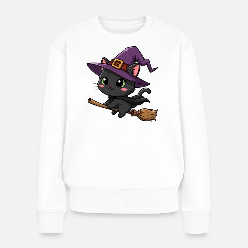 Mignon Halloween Sorcière Dessin Animé Chat Balai Octobre - Pull Premium bio Femme - blanc