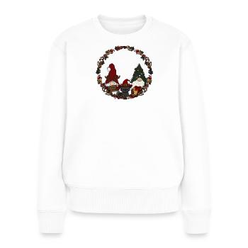 Wichtel mit Katze  im Weihnachtskranz - Frauen Premium Bio Pullover - Weiß - Vorne - Julia (174cm)