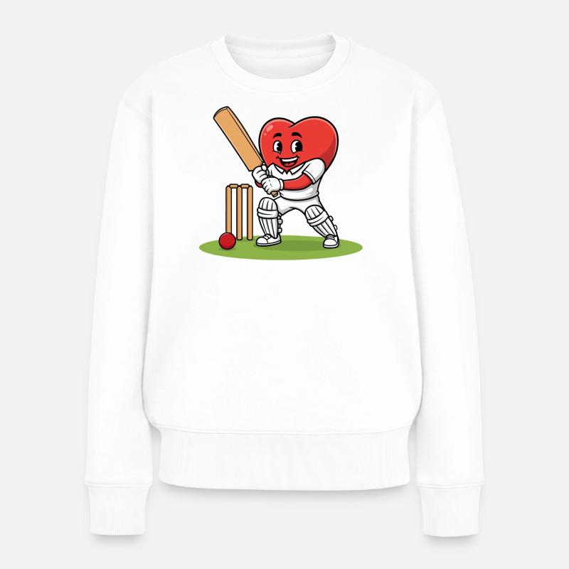 Cricket Herz Maskottchen mit Schläger und Ball - Frauen Premium Bio Pullover - Weiß