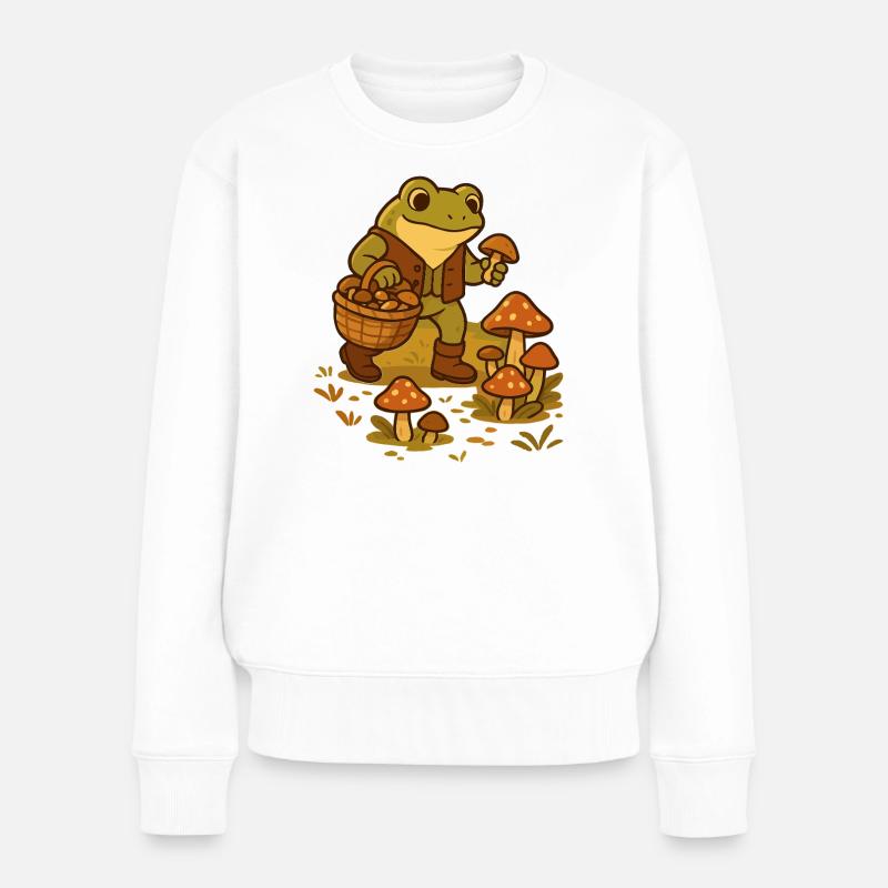 Frosch mit Pilzkorb – Mushroom Picker Frog - Frauen Premium Bio Pullover - Weiß