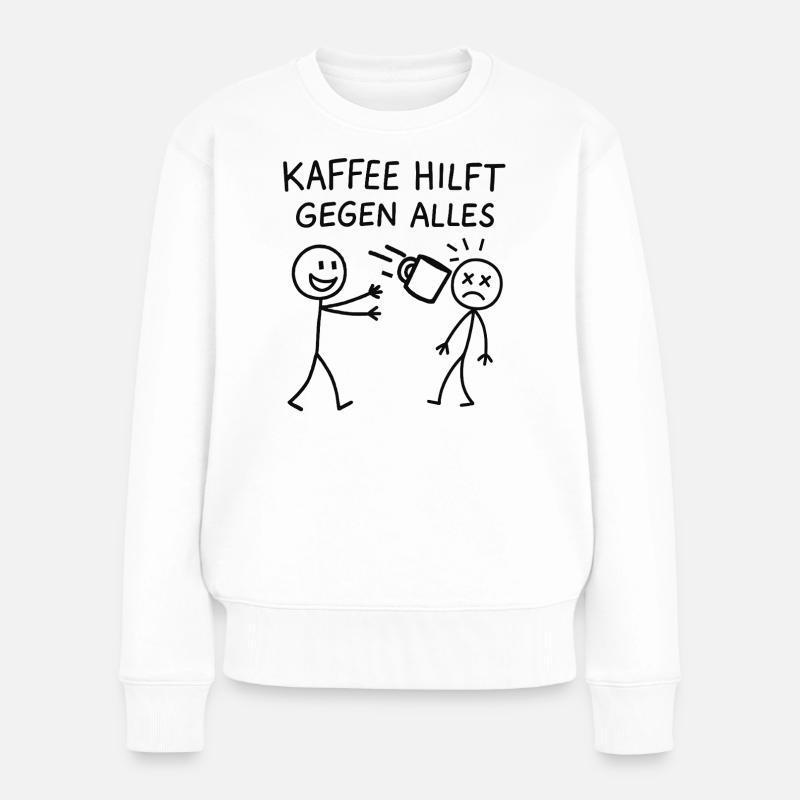 Kaffee hilft gegen alles Strichmännchen - Frauen Premium Bio Pullover - Weiß