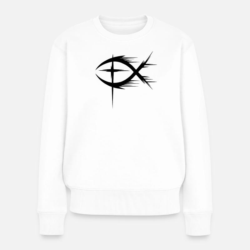 Fisch+Kreuz Symbol Modern - Frauen Premium Bio Pullover - Weiß