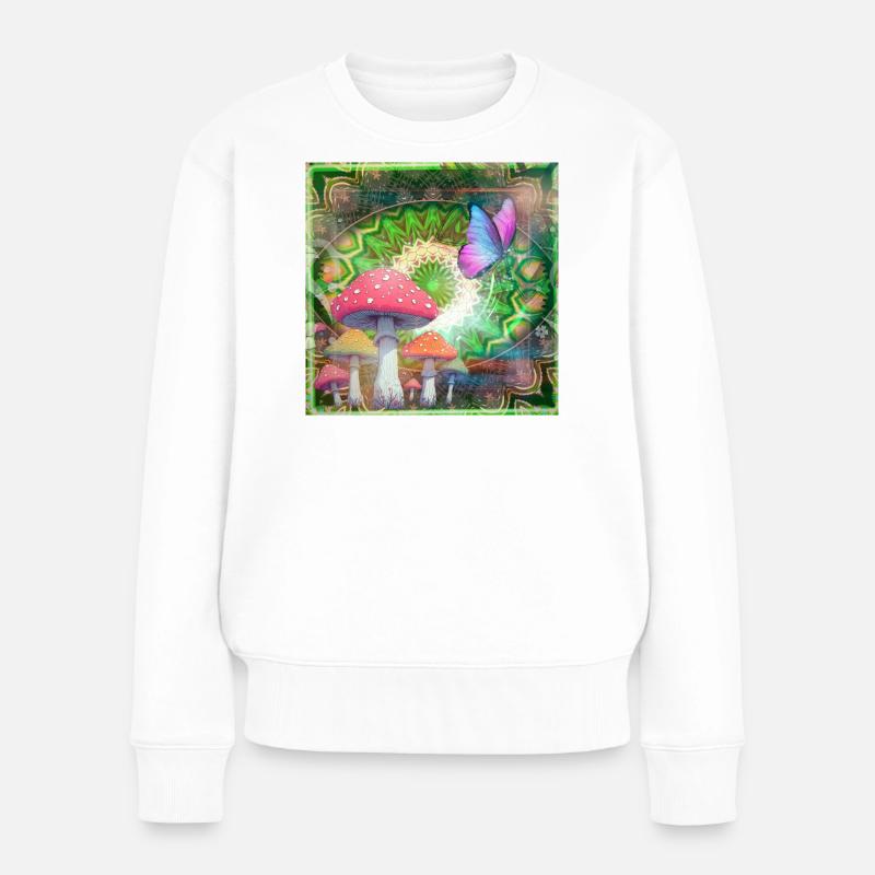 Psychedelische Pilze und Schmetterling Neonwald - Frauen Premium Bio Pullover - Weiß