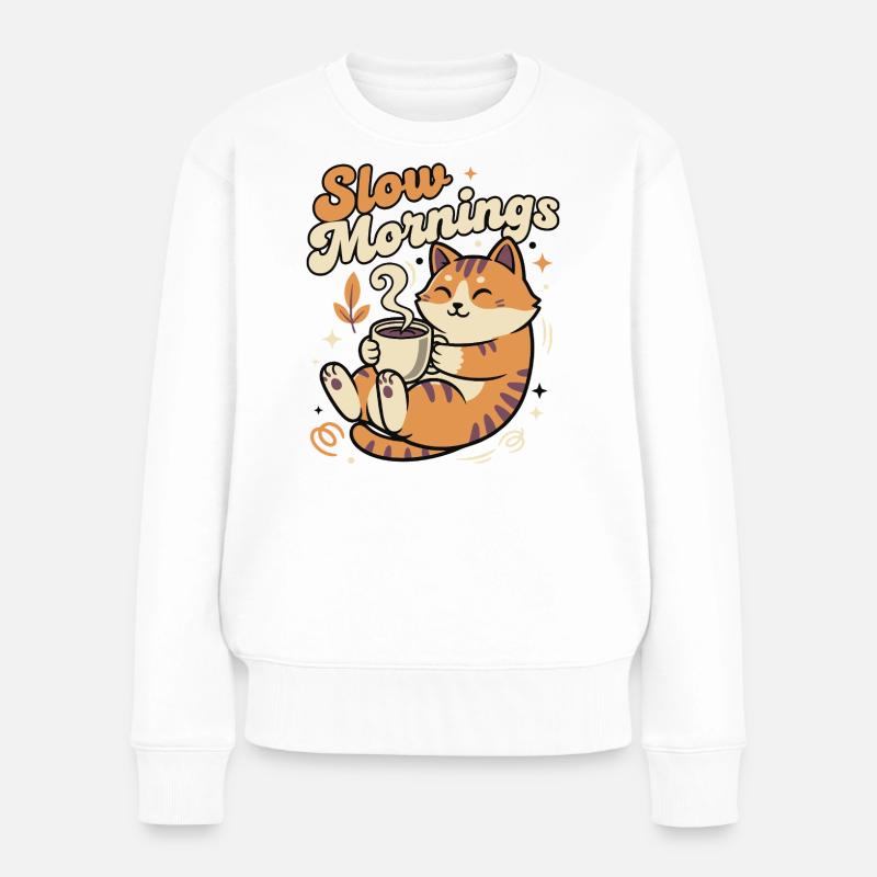 Langsame Morgenkatze mit Kaffee - Frauen Premium Bio Pullover - Weiß