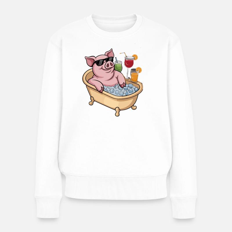 Cochon qui refroidit dans une baignoire de glace avec des cocktails - Pull Premium bio Femme - blanc