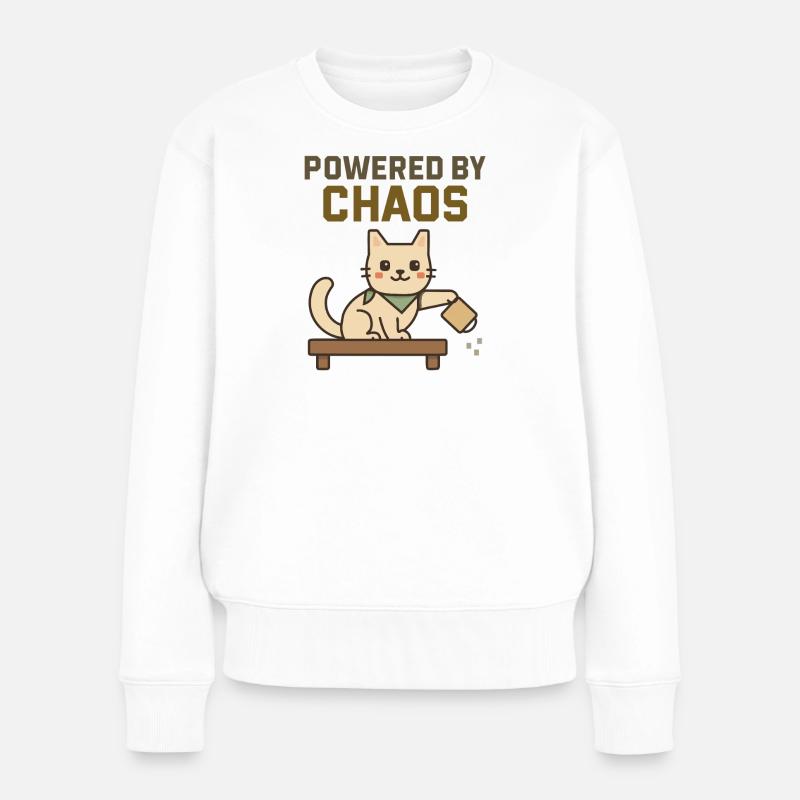 Propulsé par le Chaos - Chat Espiègle Renverse un café - Pull Premium bio Femme - blanc