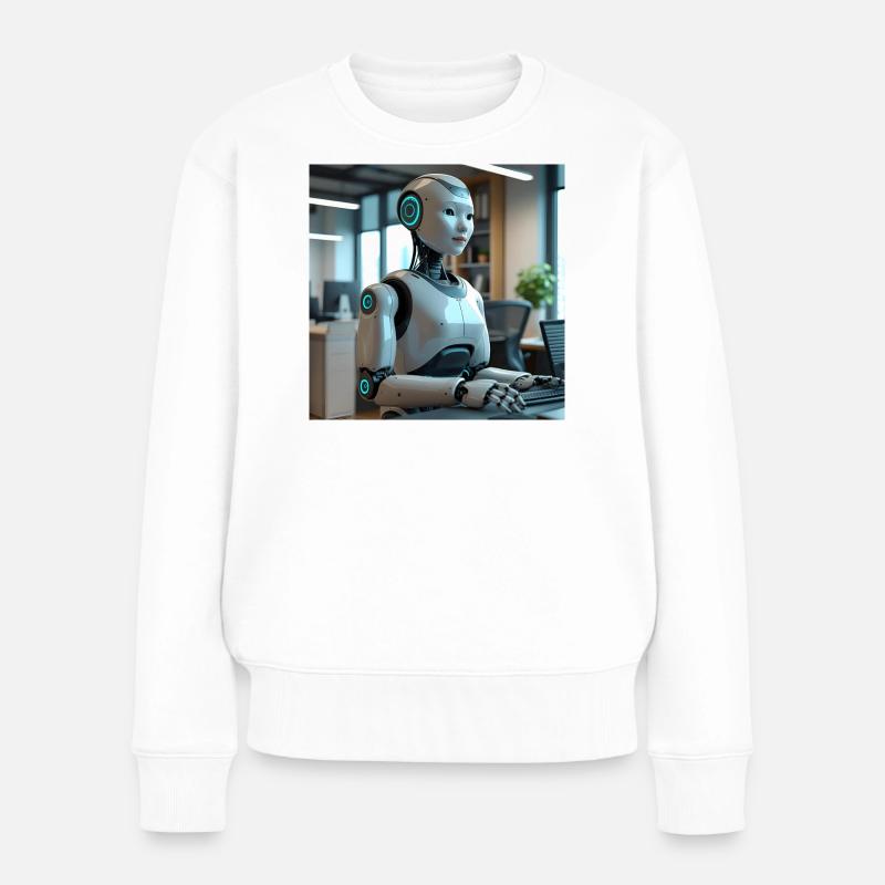 Humanoider Roboter im blauen Büro - Frauen Premium Bio Pullover - Weiß