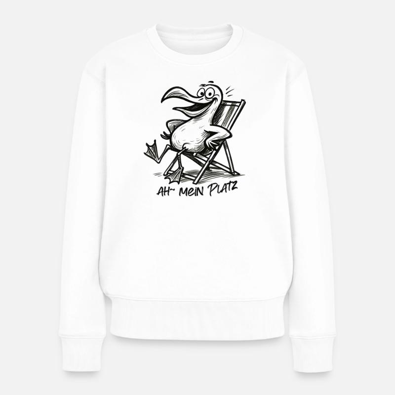 Vogel auf Strandstuhl – mein Platz - Frauen Premium Bio Pullover - Weiß