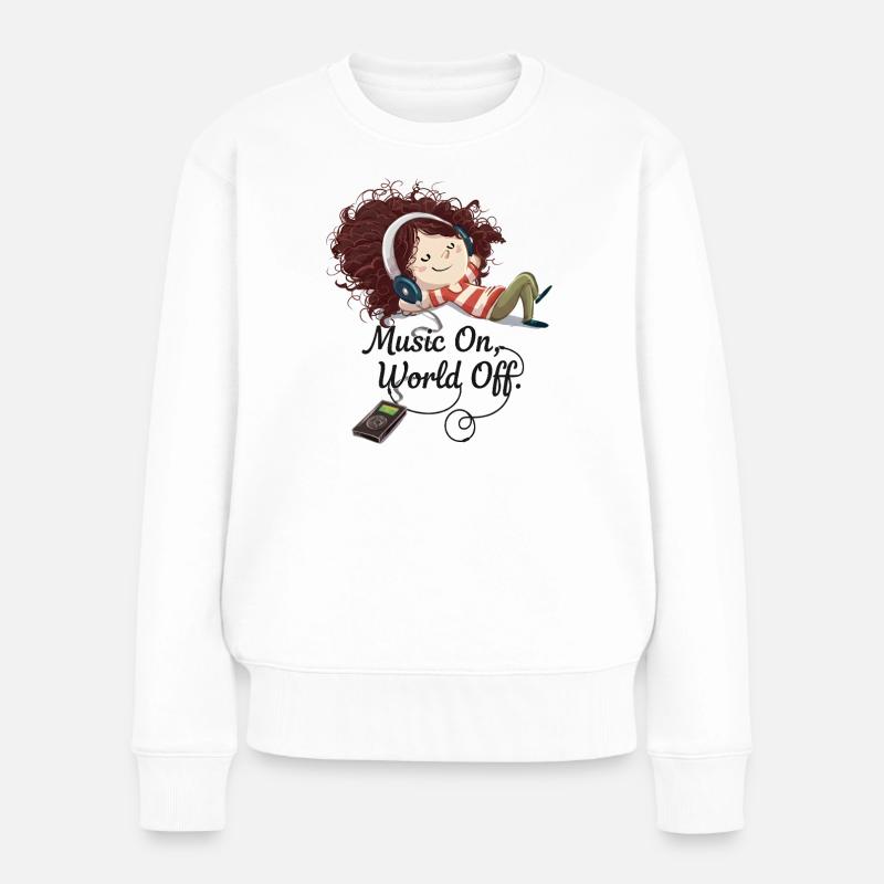 Music On World Off – Mädchen mit Kopfhörern - Frauen Premium Bio Pullover - Weiß