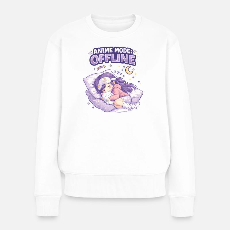 Anime Mode Offline: Schlafendes Mädchen & Katze - Frauen Premium Bio Pullover - Weiß