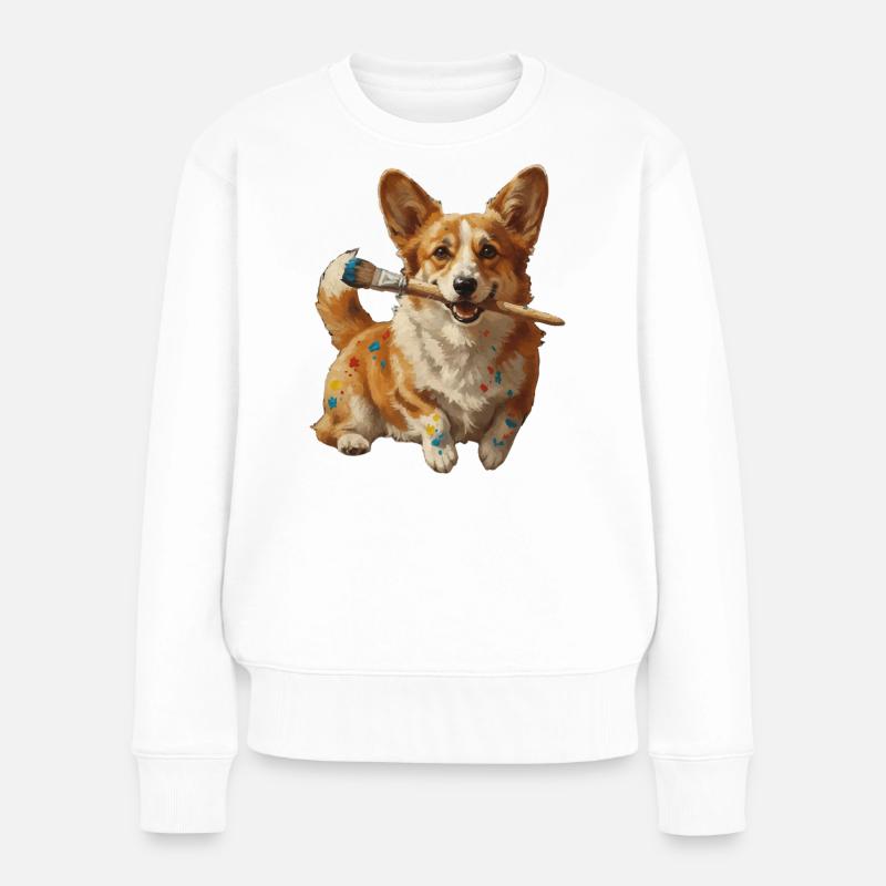 Corgi-Künstler mit Pinsel - Frauen Premium Bio Pullover - Weiß