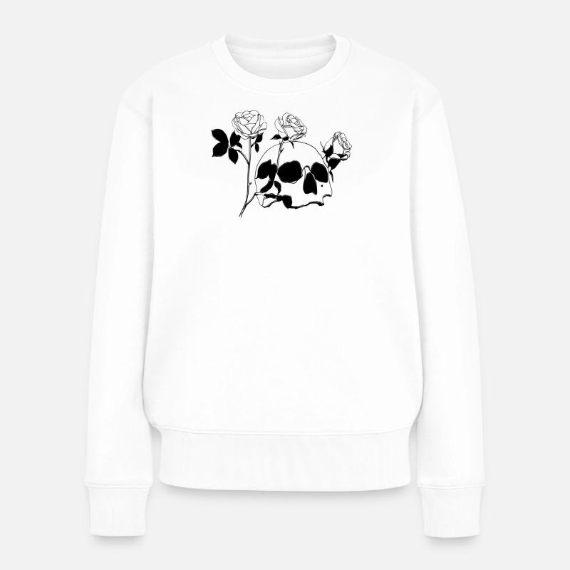 Crâne et os croisés avec des roses - Pull Premium bio Femme - blanc