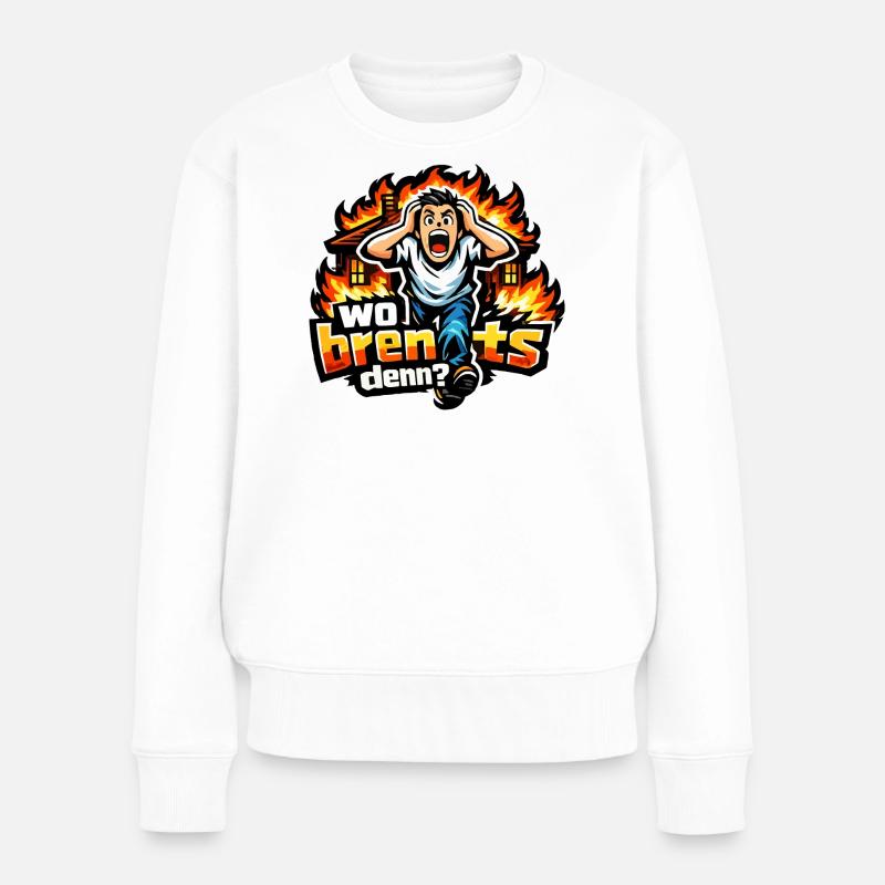 Feueralarm Cartoon mit Spruch: Wo brennts? - Frauen Premium Bio Pullover - Weiß