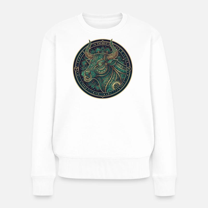 Stier Mandala Teal-Gold Kreis - Frauen Premium Bio Pullover - Weiß