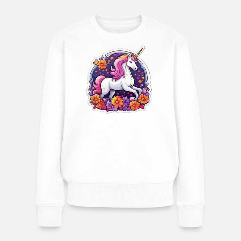 Licorne éclatante entourée de fleurs cosmos - Pull Premium bio Femme - blanc