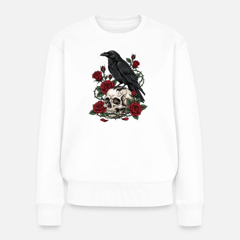 Corbeau de minuit sur des roses de crâne - Pull Premium bio Femme - blanc
