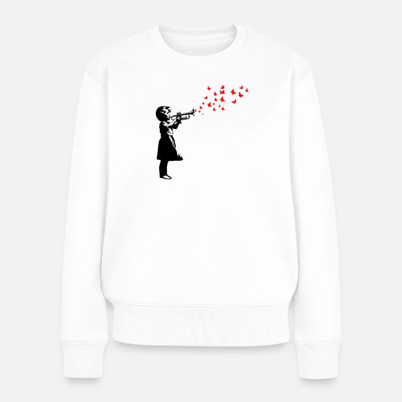 Mädchen und Schmetterlinge mit Trompete, Banksy-Stil. - Frauen Premium Bio Pullover - Weiß