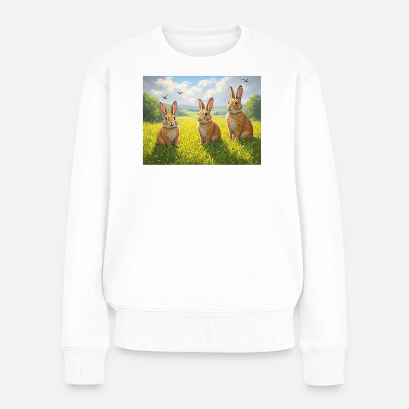 Trois lapins dans le champ de printemps - Pull Premium bio Femme - blanc