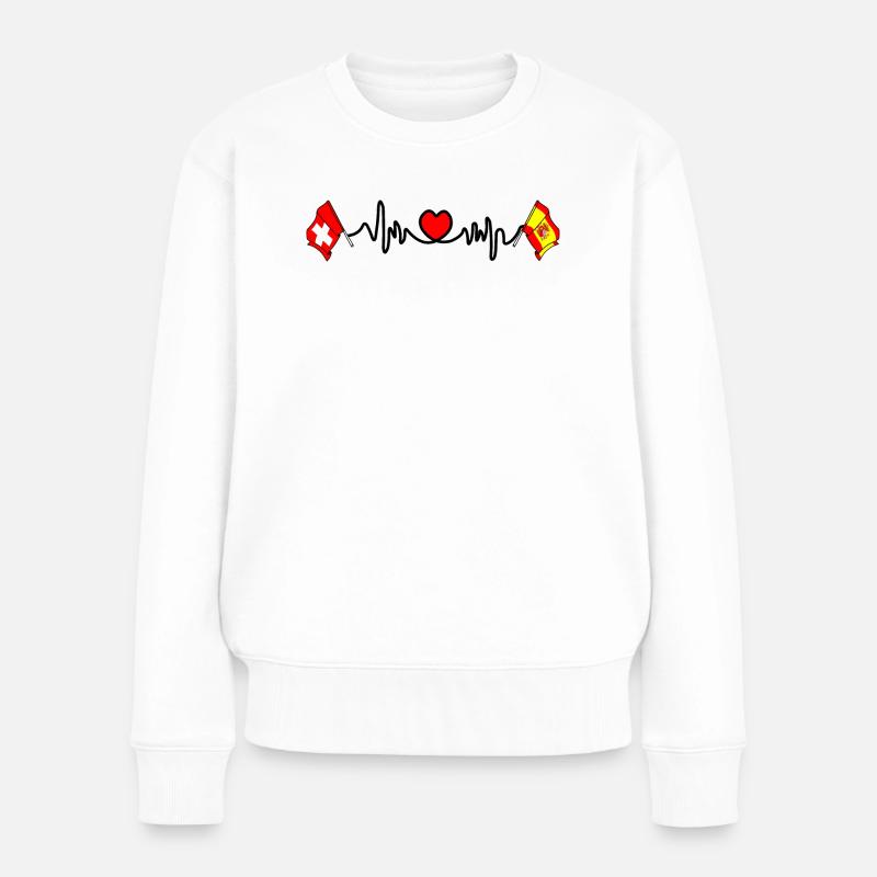 Cardioherz mit Flagge Schweiz, Flagge Spanien - Frauen Premium Bio Pullover - Weiß