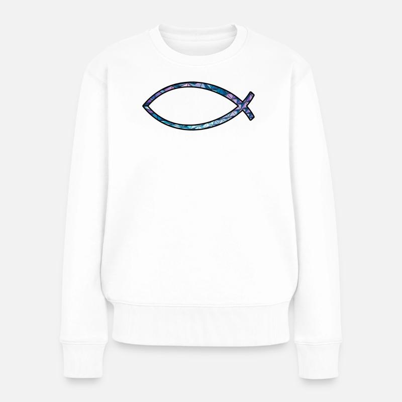 Poisson Ichtus (diamant, bleu) - Pull Premium bio Femme - blanc