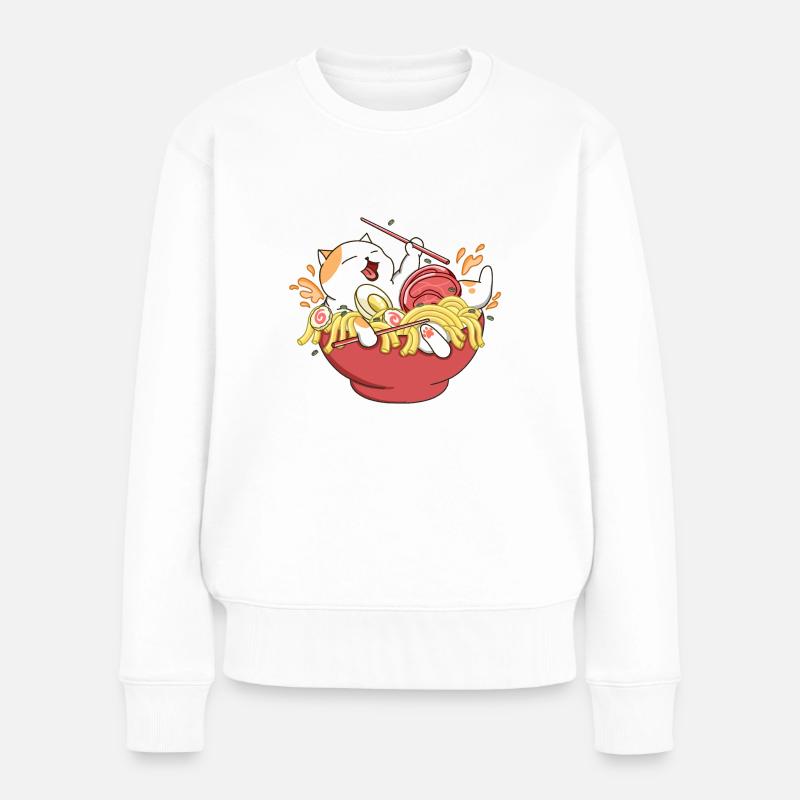 Happy Cat Ramen Nudeln - Frauen Premium Bio Pullover - Weiß