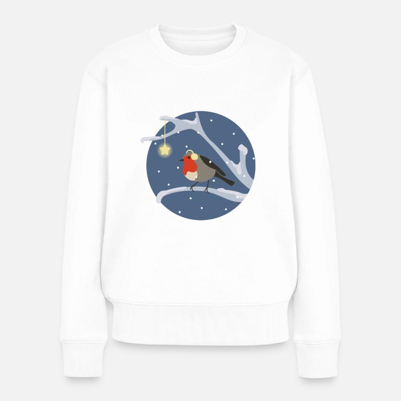 Kleiner Vogel auf dem Ast mit Schnee - Frauen Premium Bio Pullover - Weiß