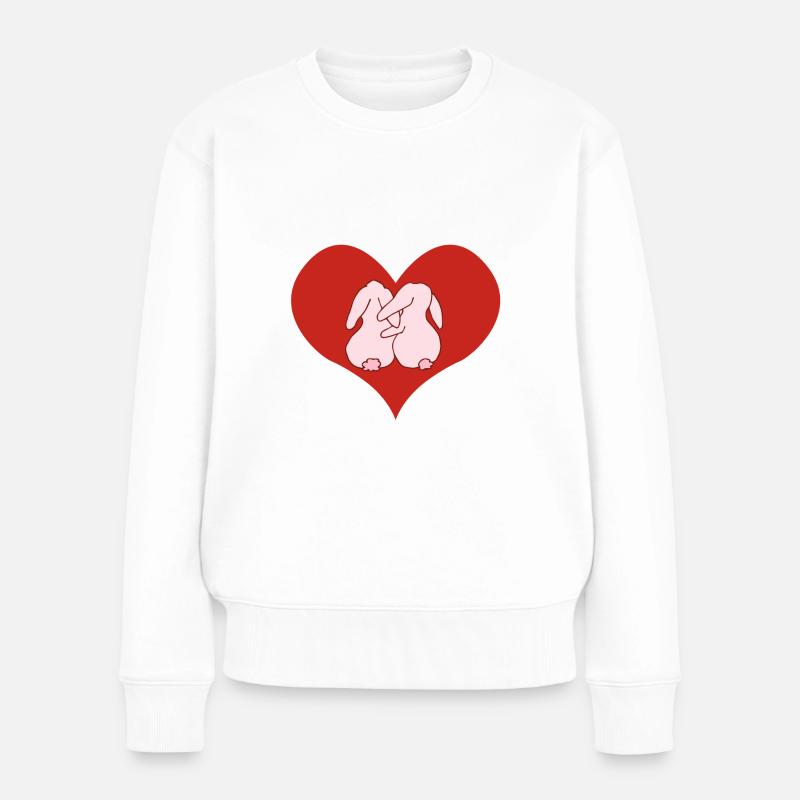 Verliebte rosa Häschen auf rotem Herz - Frauen Premium Bio Pullover - Weiß