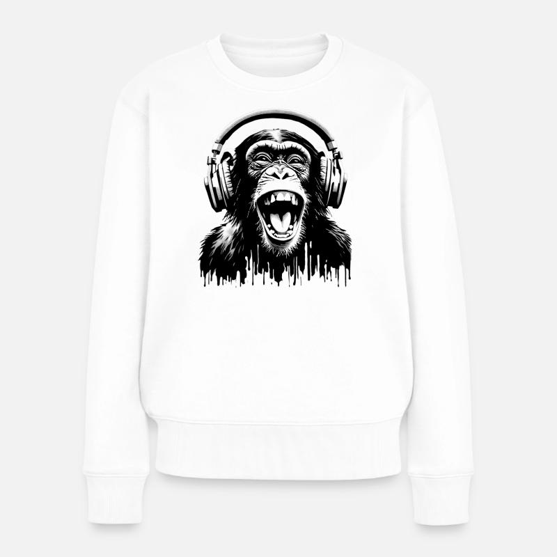 Music Monkey World 🎧 Affe mit Kopfhörern - Frauen Premium Bio Pullover - Weiß