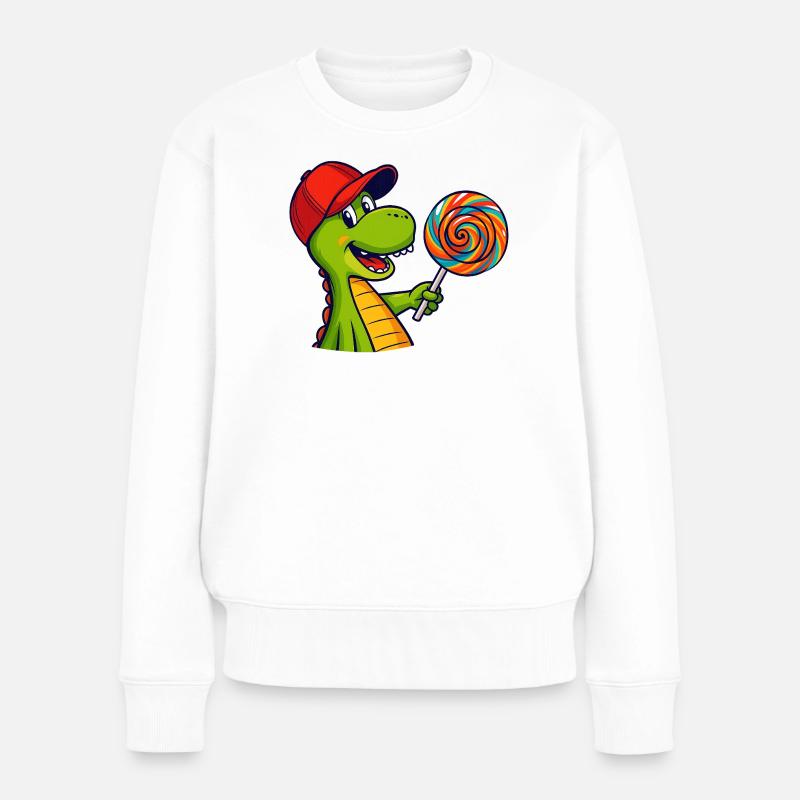 Bunter_Dinosaur_mit_Lutscher - Frauen Premium Bio Pullover - Weiß