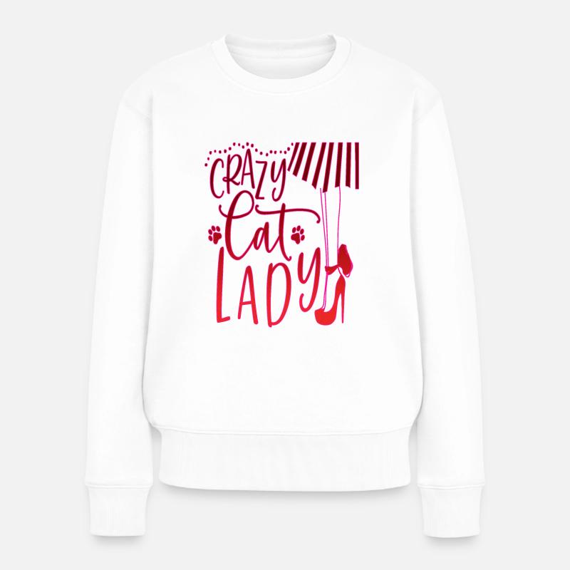 Verrückte Katzendame Katzen Katzenbesitzer - Frauen Premium Bio Pullover - Weiß