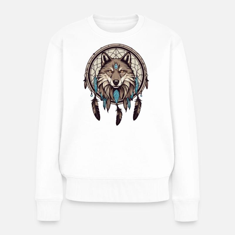 Traumfänger mit Wolf - Frauen Premium Bio Pullover - Weiß