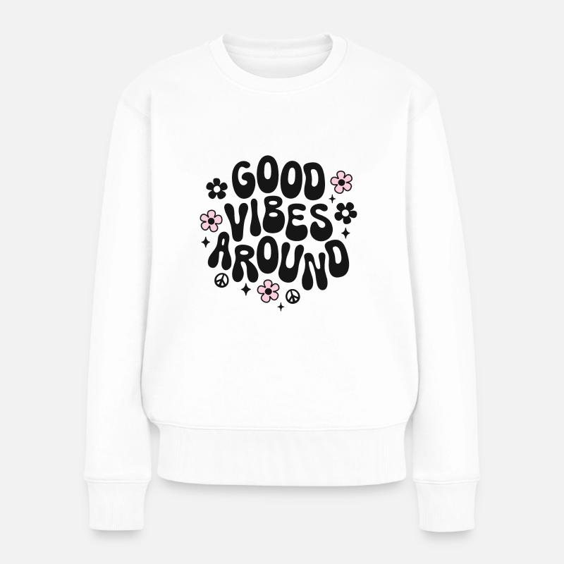 Bonnes vibrations autour de Spruch Trendy Retro Peace Love - Pull Premium bio Femme - blanc
