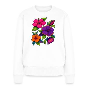 Lebendige Hibiskus-Blumenmotive - Frauen Premium Bio Pullover - Weiß - Vorne - Julia (174cm)